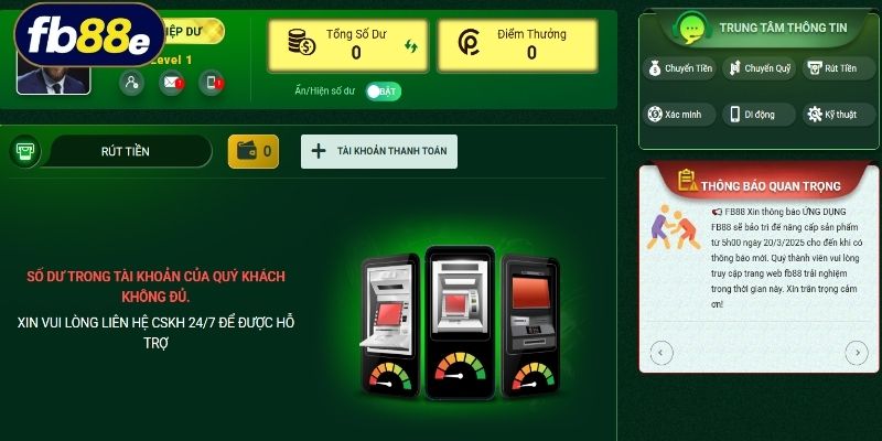 Hệ thống bảo trì là lý do không rút được tiền từ FB88