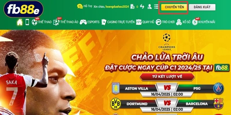 Nhấn mục Chuyển tiền tại góc trên bên phải giao diện chính thức